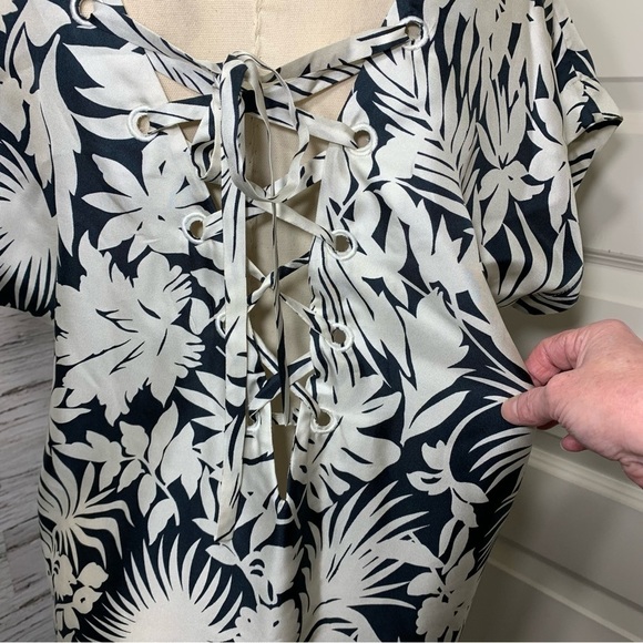 My Sunday Morning Silk Midi Dress Floral Sz S/M  Blue White Back Tie Tropical - Picture 10 of 14